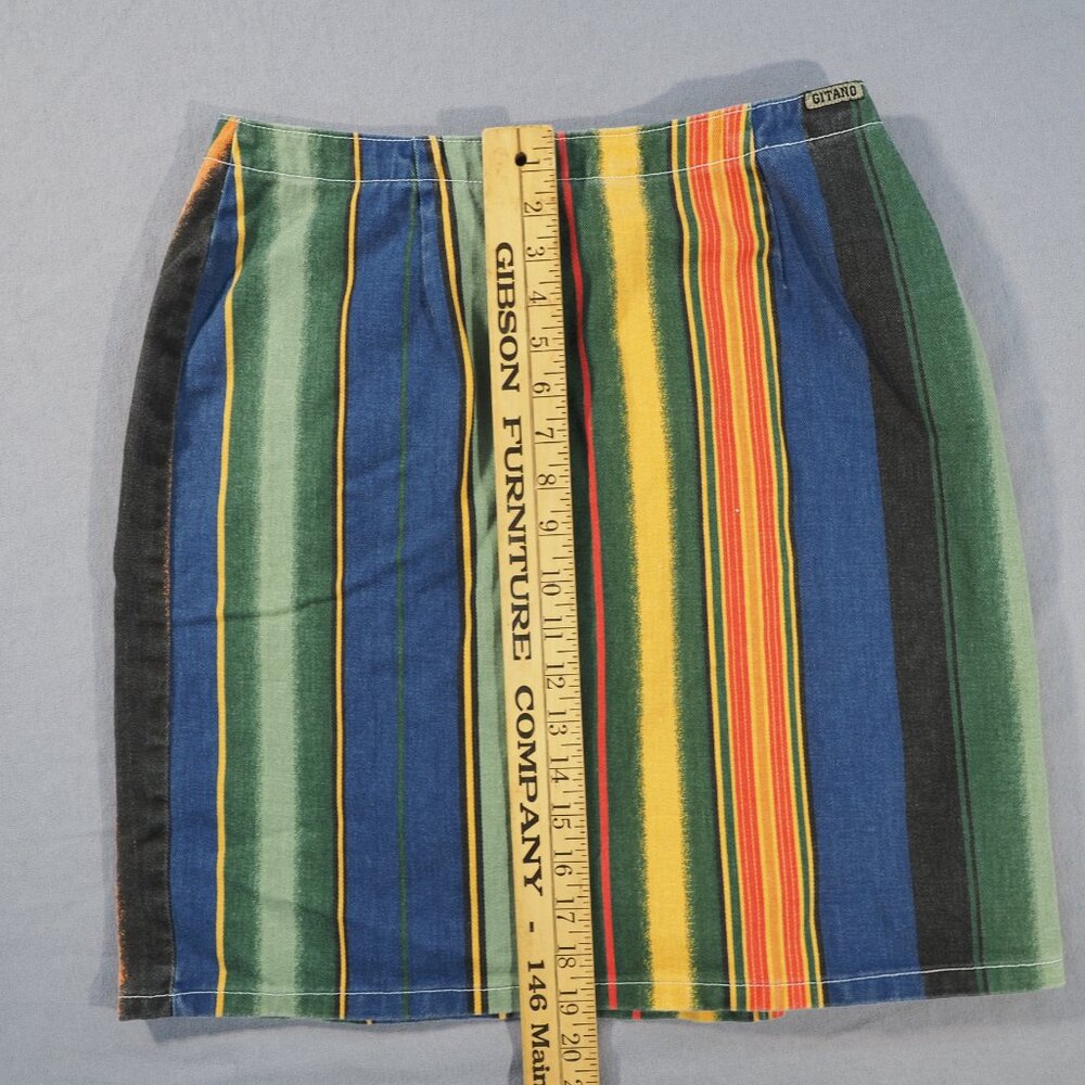 Vintage Gitano Skirt Women 11 12 Green Blue Stripe Wrap Raw Edge Hippie Retro - Picture 7 of 10